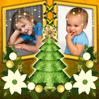 Рождественская рамочка на 2 фото с елочкой, сделать онлайн
