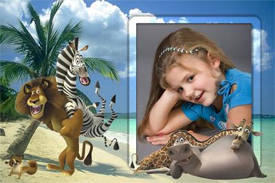 Детские фотоэффекты для фотографий онлайн с героями Мадагаскар на пляже