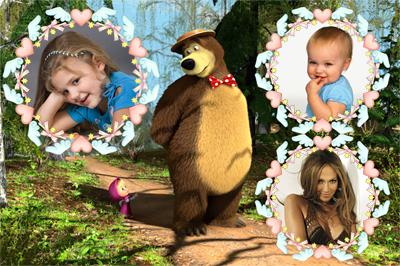 Вставить несколько фото в рамку с Машей и медведем, вставить фото онлайн