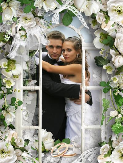 Красивая свадебная фоторамочка с розами, сделать онлайн фотошоп
