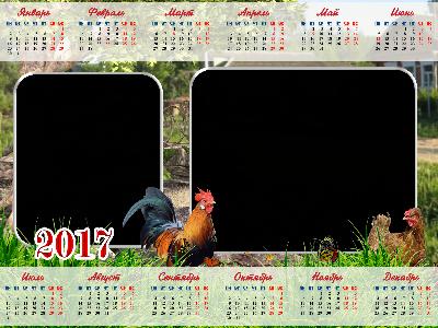 Фоторамка календарь 2017 с петухами - онлайн бесплатно вставить фото